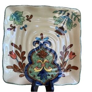 Talavera China Mexican Art Pottery Square Salad Plate Blue Yellow Multicolor 9".